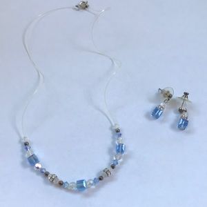 Blue crystal necklace & earrings plus pearl strand